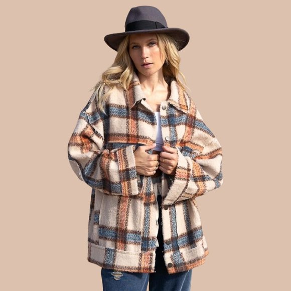 POL Plaid Bell Sleeve Oversized Shirt Jacket Ultimate in Bohemian Casual… - Picture 6 of 7